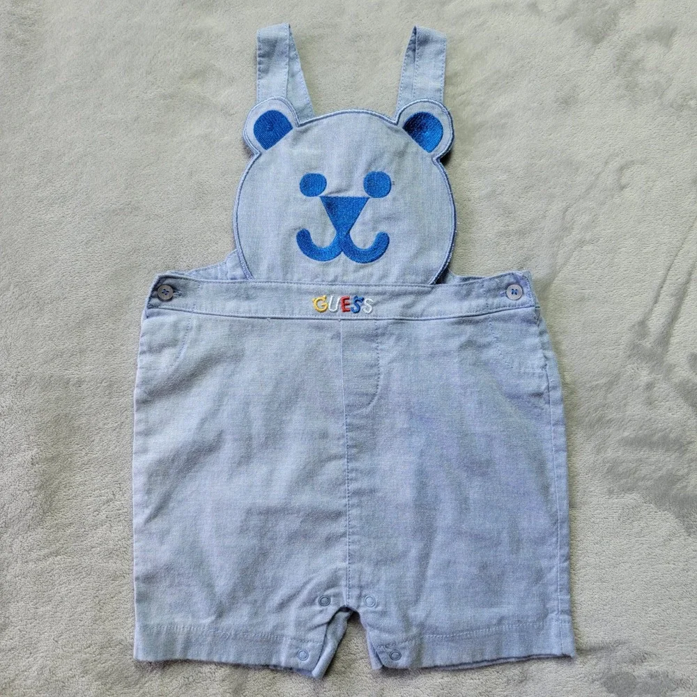 Guess‎ Baby Boy 12M Blue Bear Embroidered Shortall Overalls Chambray Adjustable